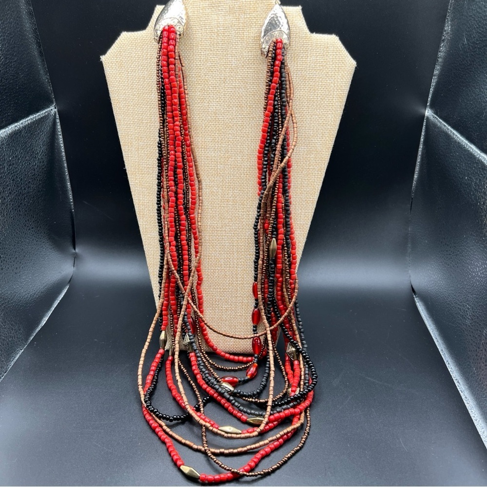 Chico’s Statement Necklace Red Bronze Black Multi Strand Beads Gypsy Boho Ethnic